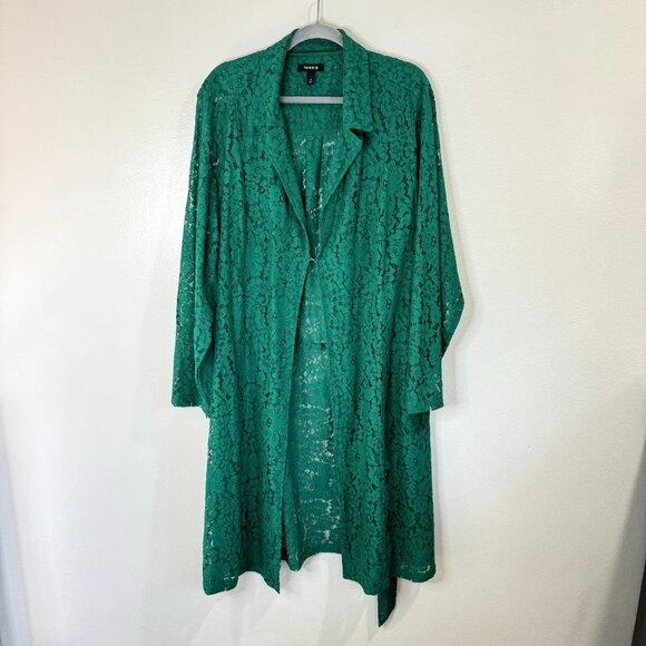 Torrid Floral Lace Trench Coat Duster Cardigan Size 4 / 4X Kelley Green Jacket - Picture 6 of 16